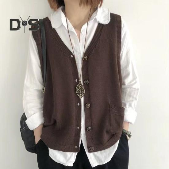 Женский вязаный жилет с V-образным вырезом без рукавов, однобортный теплый жилет, однотонный свободный крой, трикотажные майки с карманами