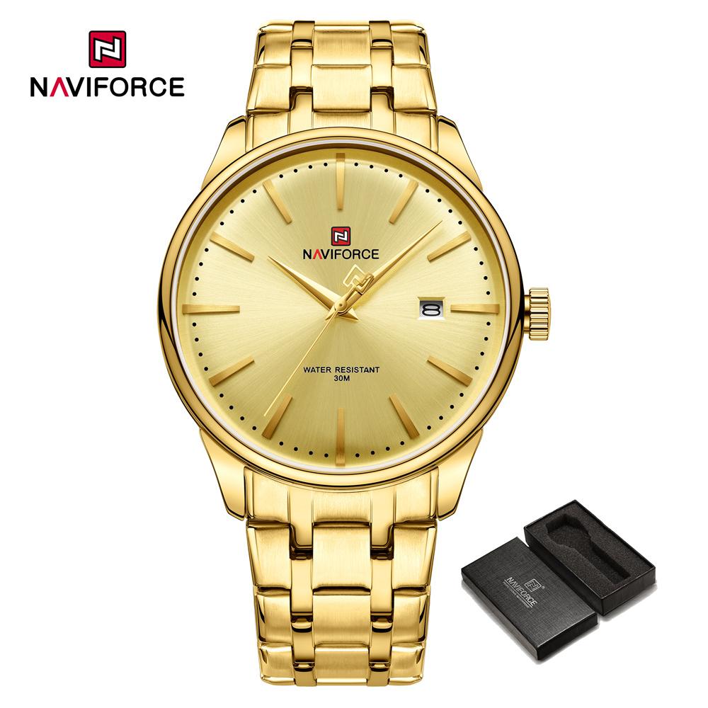 Naviforce Мужские часы из нержавеющей стали, водонепроницаемые деловые наручные часы с дисплеем даты, оригинальные кварцевые мужские часы