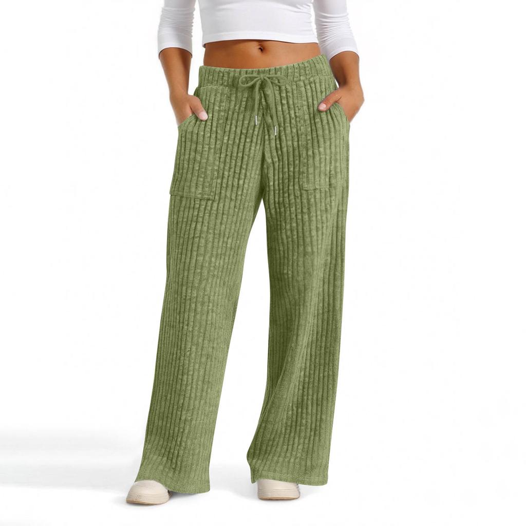 Womens Casual Wide Leg Elastic Waist Ribbed Knit Loose Bottoms With Pockets Soft Pants