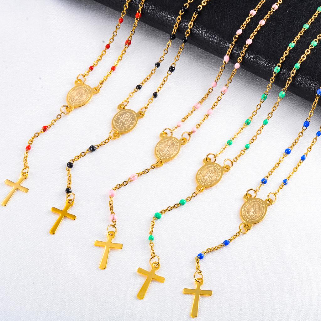 Jesus Stainless Steel Cross Rosary Christian Catholic Religious Width 1.5mm Enamel Satellite Bead Cable Link Chain Necklace