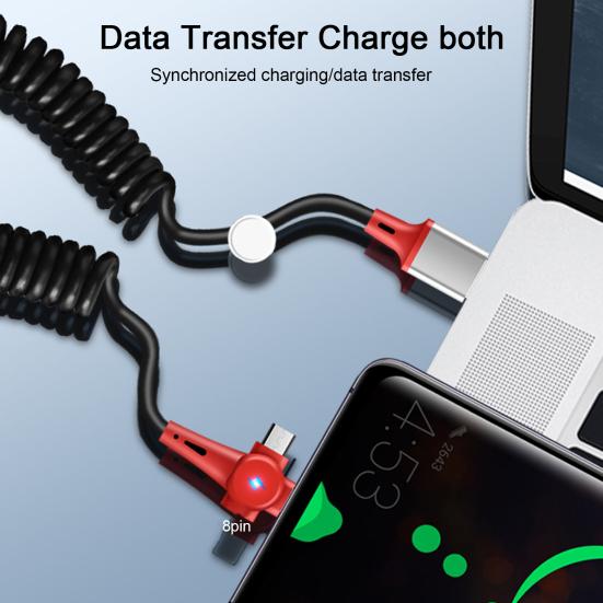 USB-кабель для зарядки 3-в-1, сверхбыстрая зарядка 100 Вт, выдвижной Т-образный со светодиодной подсветкой, кабель для передачи данных Type-C/Micro USB/8-контактный пружинный