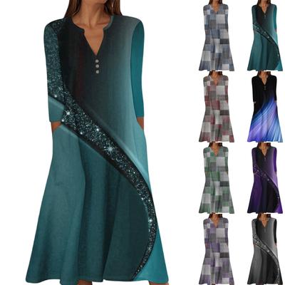 Женское летнее повседневное платье с V-образным вырезом на пуговицах, винтажным принтом, рукавом три четверти, длинное, с карманами