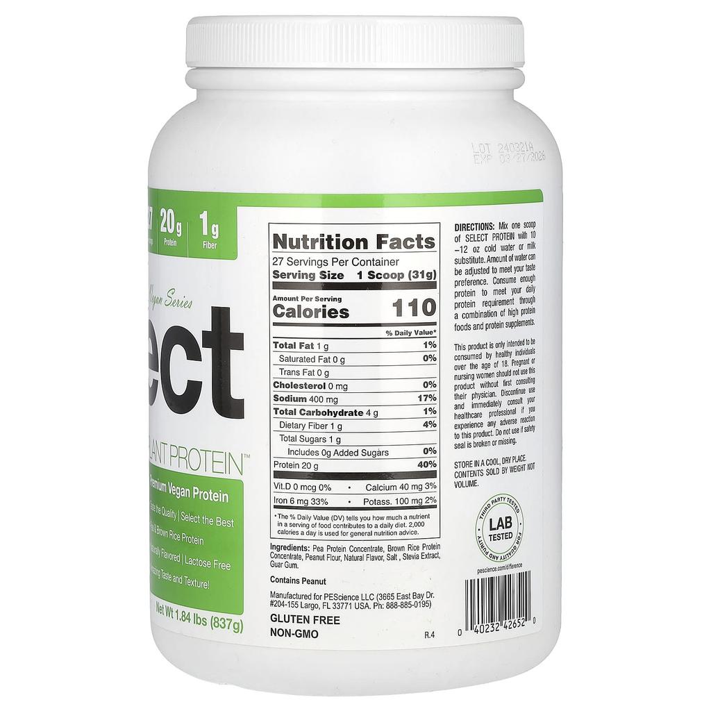 PEScience Vegan Series, Select Plant Protein, Peanut Butter Delight, 837g (1.84lb)