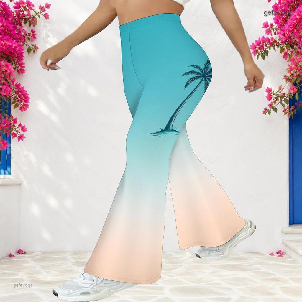 Women Plus Size High Waist Full Length Flared Pants Gradient Palm Tree Printed