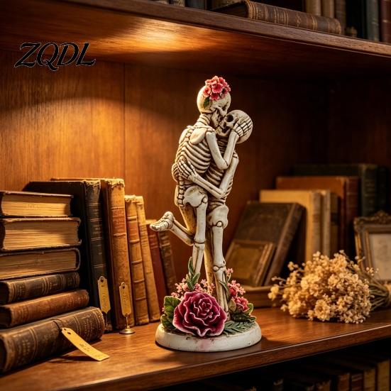 Gothic Skeleton Couple Statue Resin Hugging Figurine with Roses, Eternal Love Skull Day of The Dead Statue, Halloween Romantic Decor Tabletop Ornament