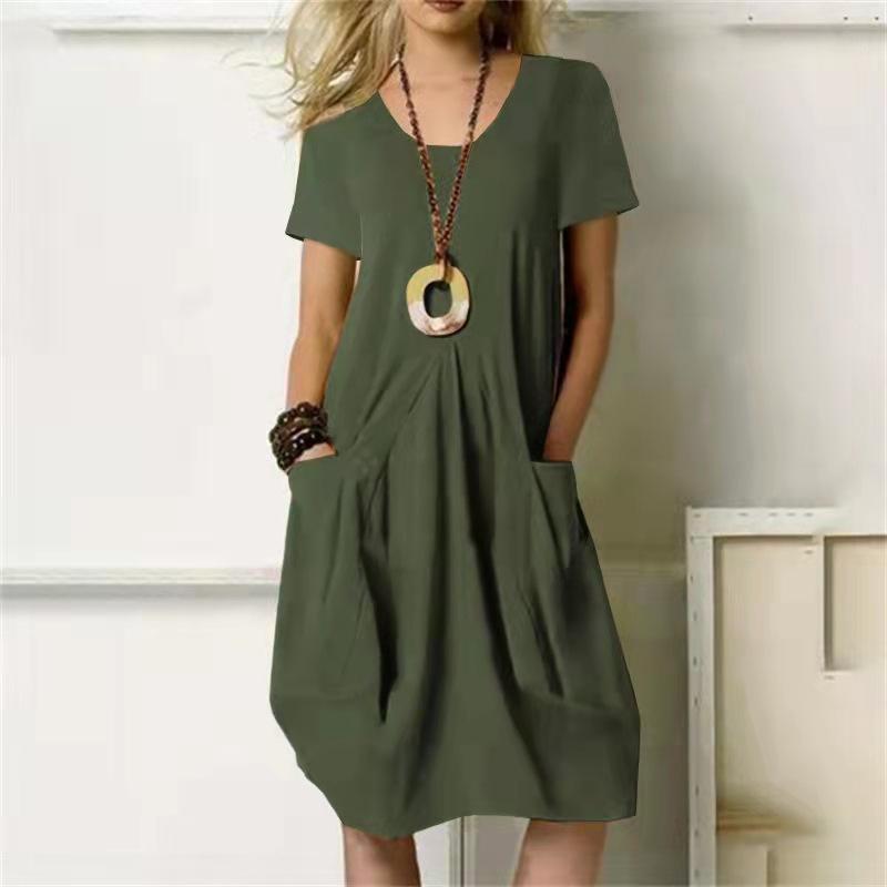Summer Casual Women's High Waist Dress Short Sleeve Dresses for Female Solid Color Dress Round Necked Dress Loose Dress With Pocket Commuter Dresses