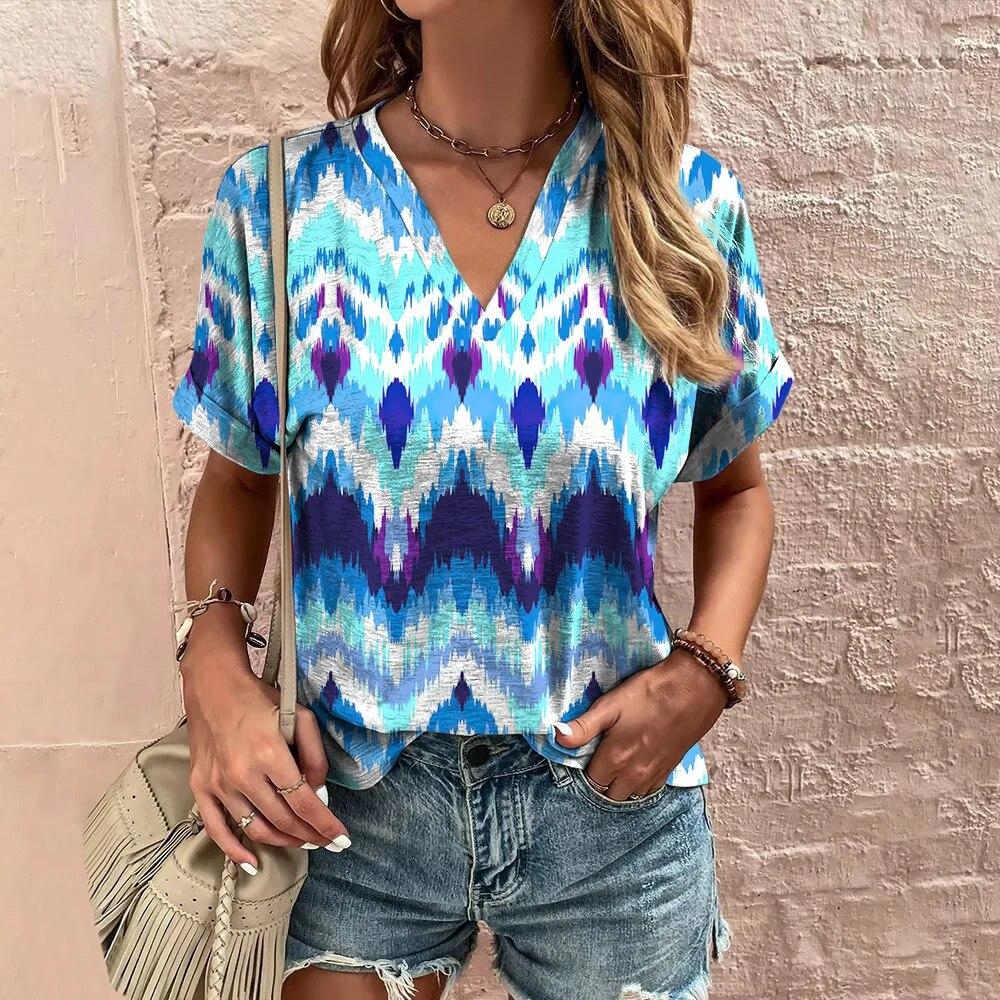 Женская футболка с v-образным вырезом, топы с 3d принтом тай-дай, футболки 5XL, летняя модная женская одежда, повседневный уличный женский пуловер большого размера