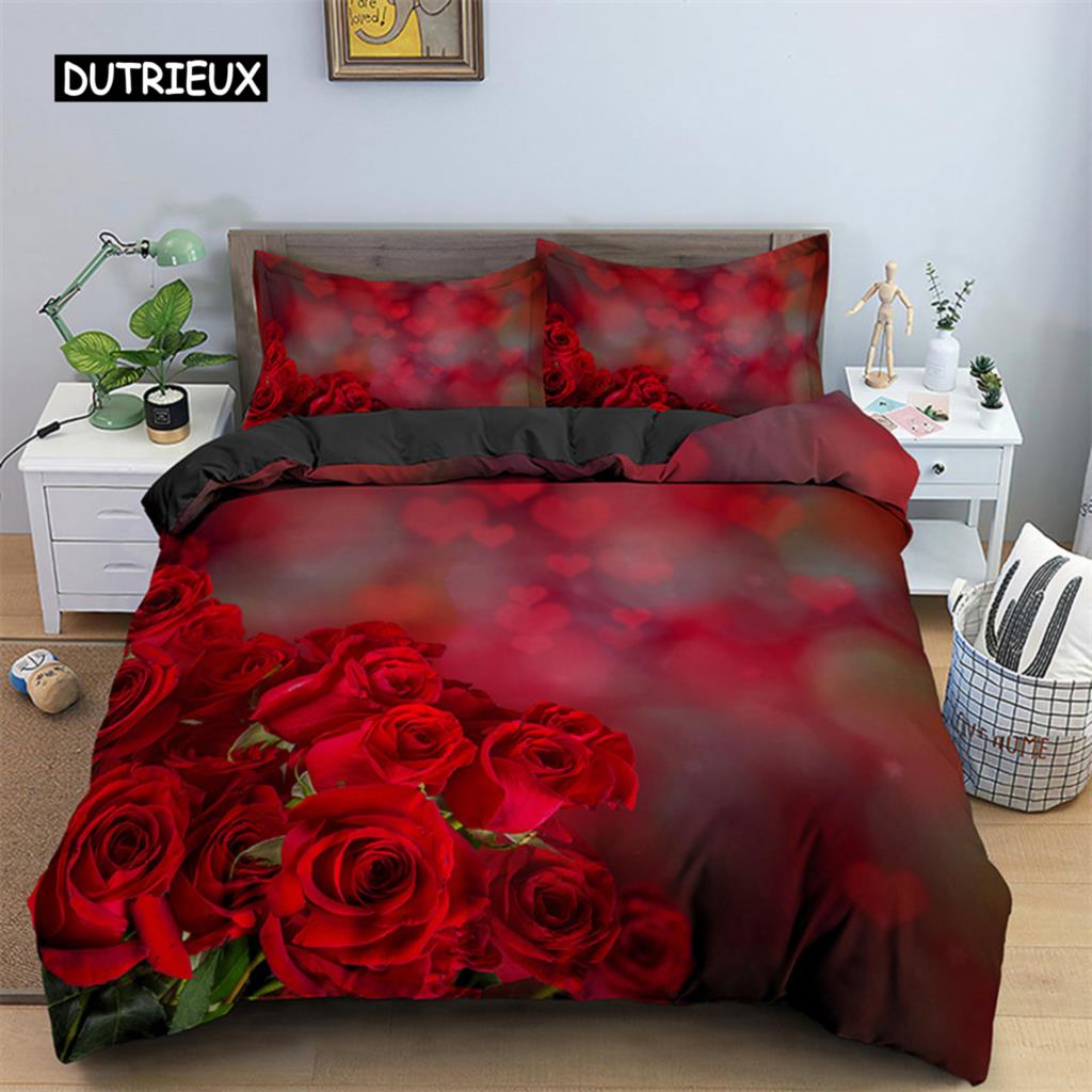 Комплект постельного белья Rose Duvet Set из микрофибры Pink Heart Rose Romantic Flower Tema Комплект постельного белья для влюбленных Double Queen King Size Покрывало для пододеяльника