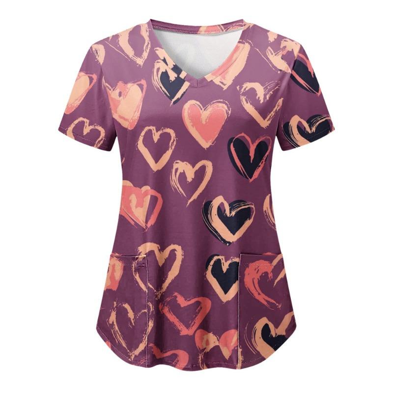 Топы женские хирургические с принтом медсестры с коротким рукавом и V-образным вырезом с рисунком Рабочие футболки с принтом сердца Медицинская туника для сиделок Рабочая одежда Топы