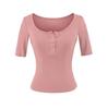 U-neck button mid-sleeved T-shirt women's summer new American Spice Girl solid color slim-fitting and thin threaded bottoming top