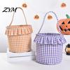 Pumpkin Ghost Pattern Totes Halloween Basket, Plaid Ruffle Trick or Treat Candy Bucket with Handle Versatile Household Storage for Kids, Reusable