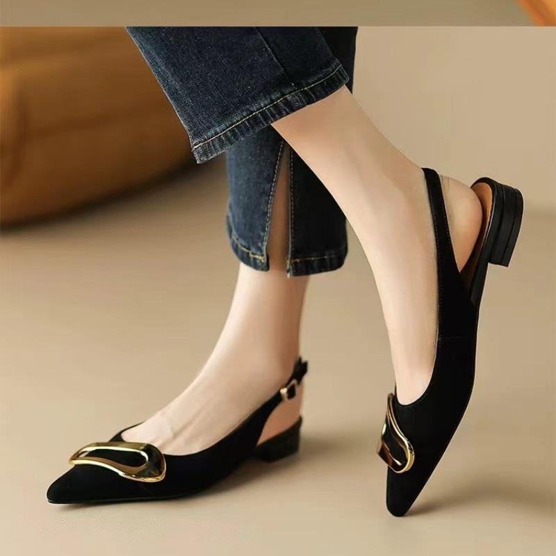 2024 Women's Pointed Toe Comfortable Low Heel Metal Decorative Buckle Strap Shallow Elegant High Heel Sandals