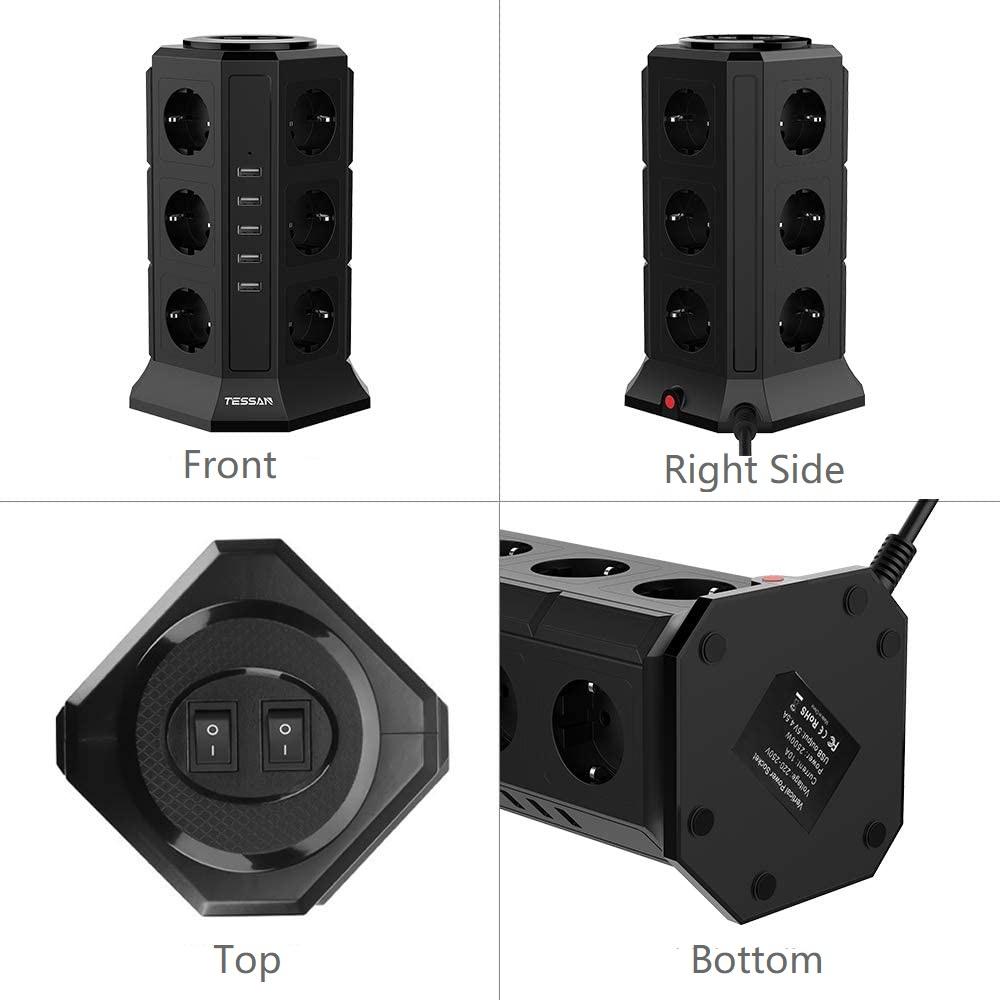 Tessan Удлинитель с несколькими розетками, 11-контактная башня с розетками (2500 Вт/10 А) с 3 USB-портами (5 В/3,1 А) и кабель 2,0 м для дома и офиса