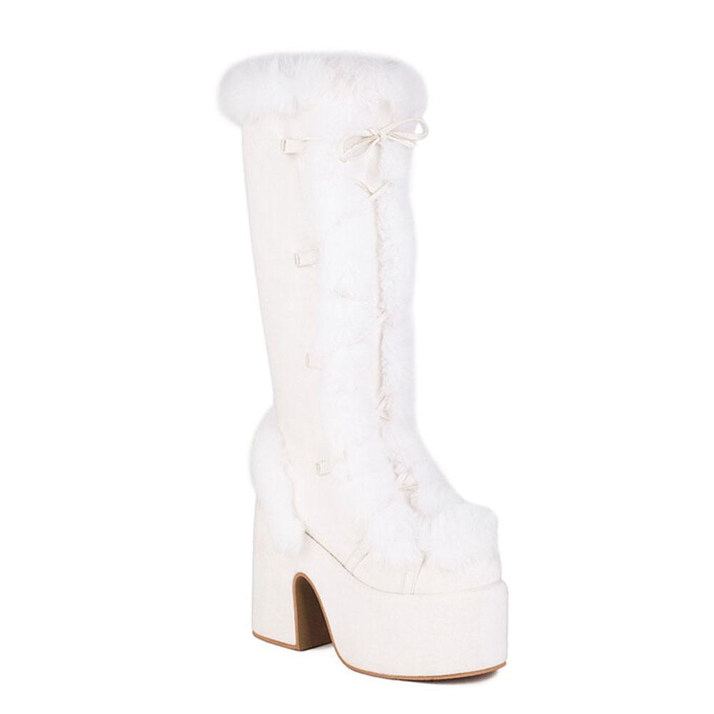 GIGIFOX Fur Super Chunky High Heel Platform Mid-Calf Boots For Women Faux Suede Round Toe Side Zipper Lace-Up Warm Casaul Boots
