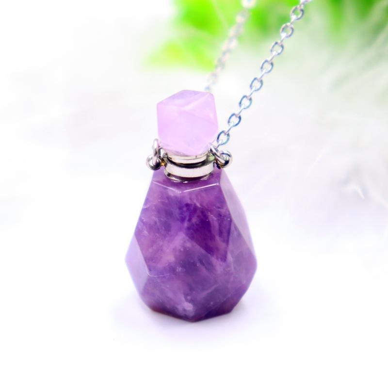 Crystal Faceted Crystal Amethyst Rose Quartz Nature Stone Perfume Bottle Pendant for Women Diffuser Necklaces