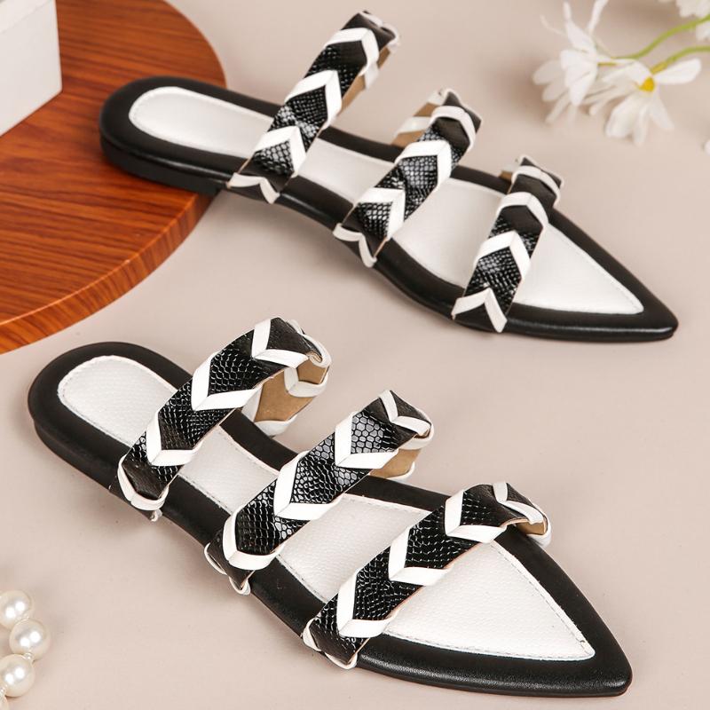 Fashion Pointed Toe Weave Flat Slippers Summer Fashion Open Toe Patchwork Women Sandals Casual Comfortable 36-43 Large Size Women Shoes