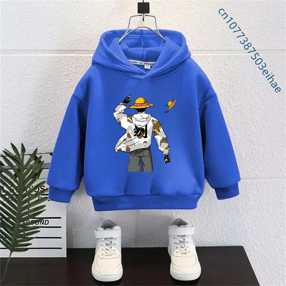 One Piece Luffy New Cartoon Kids Hoodie Y2K Street Style Casual Anime Pullover Hooded Sweatshirt Comfortable Daily Outfit