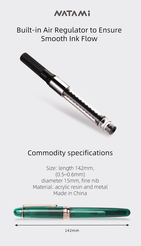 Natami Fountain Pen Fine Nib Transparent Clear Ink Converter Smooth Flow Rose Gold Trim Gift Leather Pouch Platinum Calligraphy (Sky Blue)