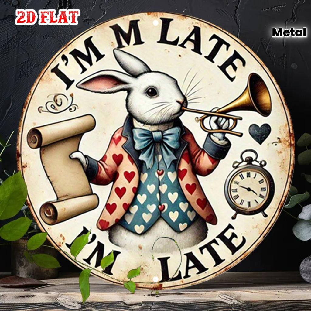 D Flat pc White Rabbit Round Aluminum Sign Vintage Metal Tin Sign Clock XRound Aluminum Sign Trumpet Metal Wall