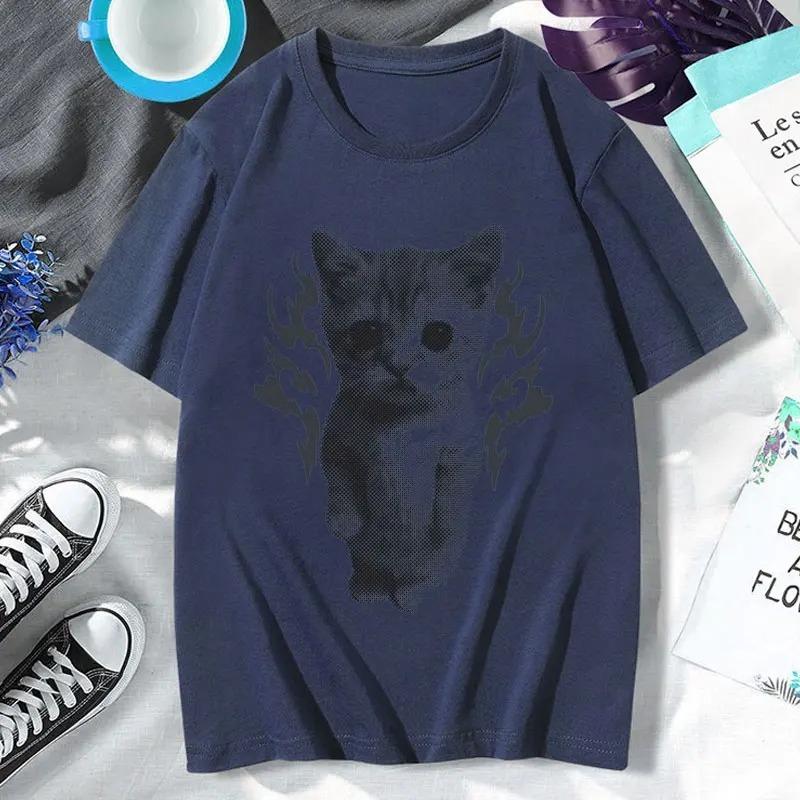 Summer Fashion Streetwear Oversized Tshirts YK Goofy Cat Funny Meme T Shirt Unisex Women Os Vintage Style Short Sleeves Tshirt
