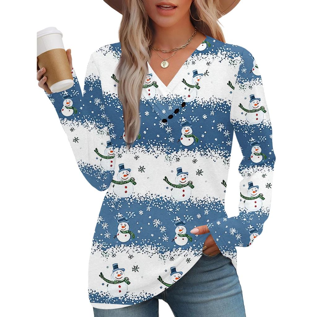 Women's Fashion Casual V-neck Pleated Christmas Long Sleeve Top