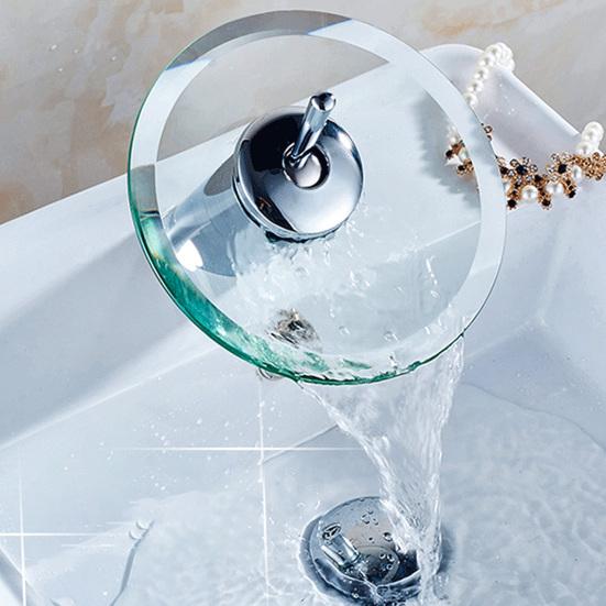Водопадный смеситель для раковины в ванной комнате, 1 ручка, одинарное отверстие, стеклянный смеситель для раковины, переключатель воды