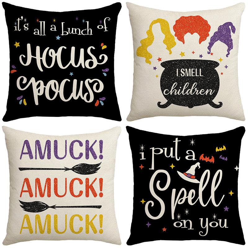 2023 Хэллоуин Декор Чехлы для подушек Простые наволочки с буквенным принтом 18x18 дюймов Праздничные украшения Льняная черная наволочка