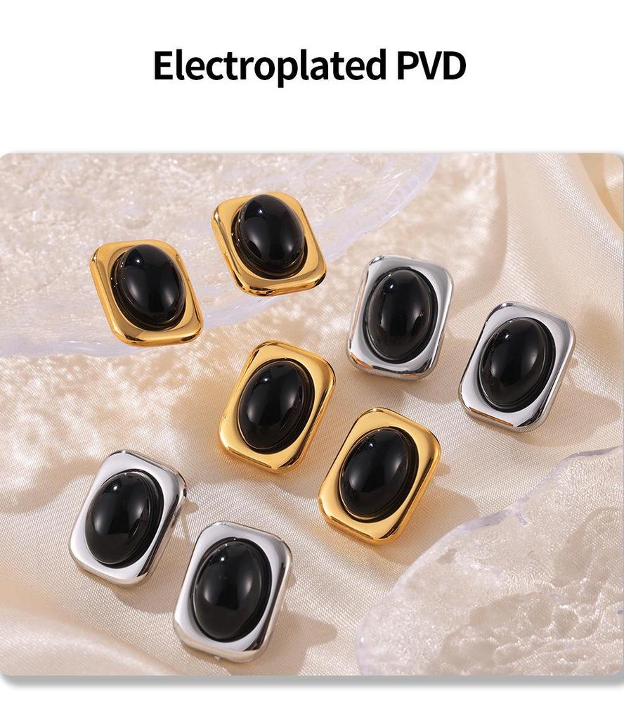 Серьги из титановой стали с золотым покрытием и инкрустацией из черного стекла