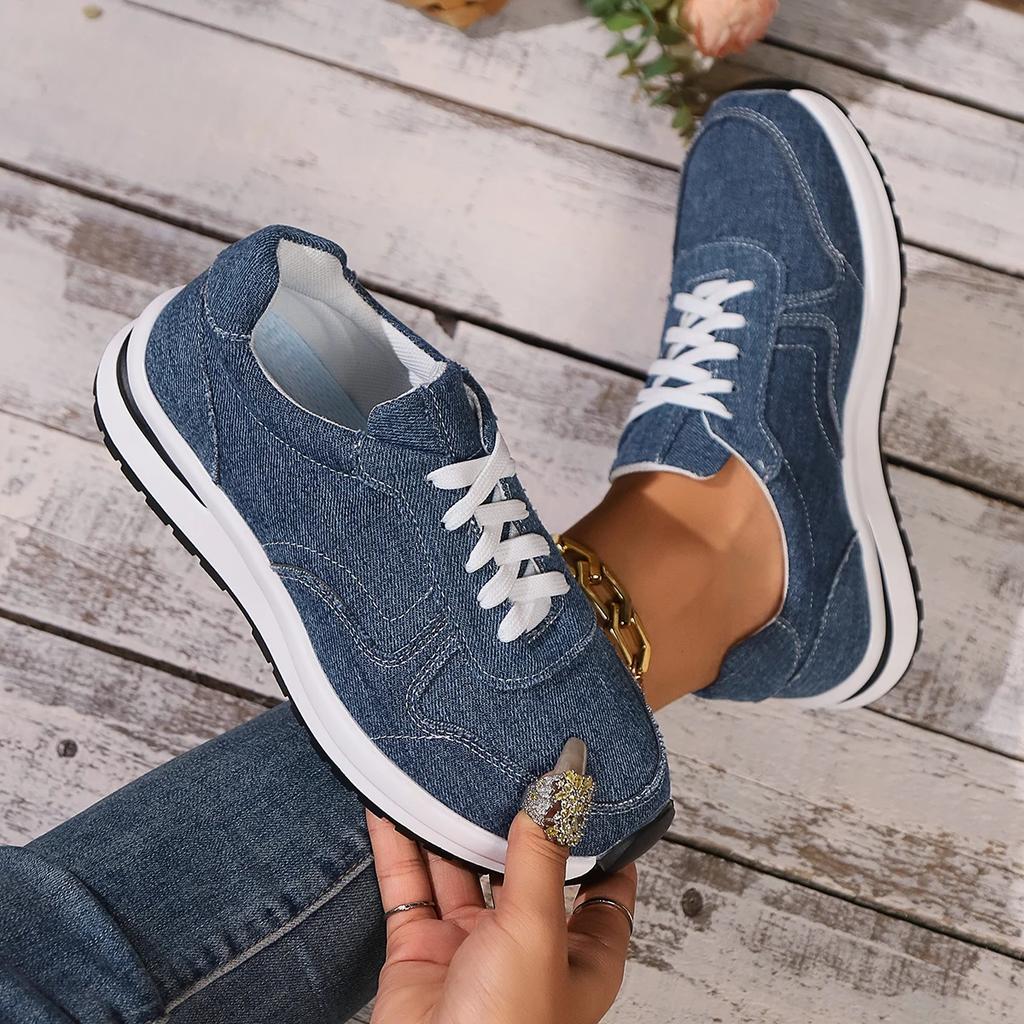 Fashion Blue Denim Platform Sneakers Women Fashion Thick Sole Lace Up Sports Shoes Woman Plus Size 43 Comfortable Casual Female Sneakers