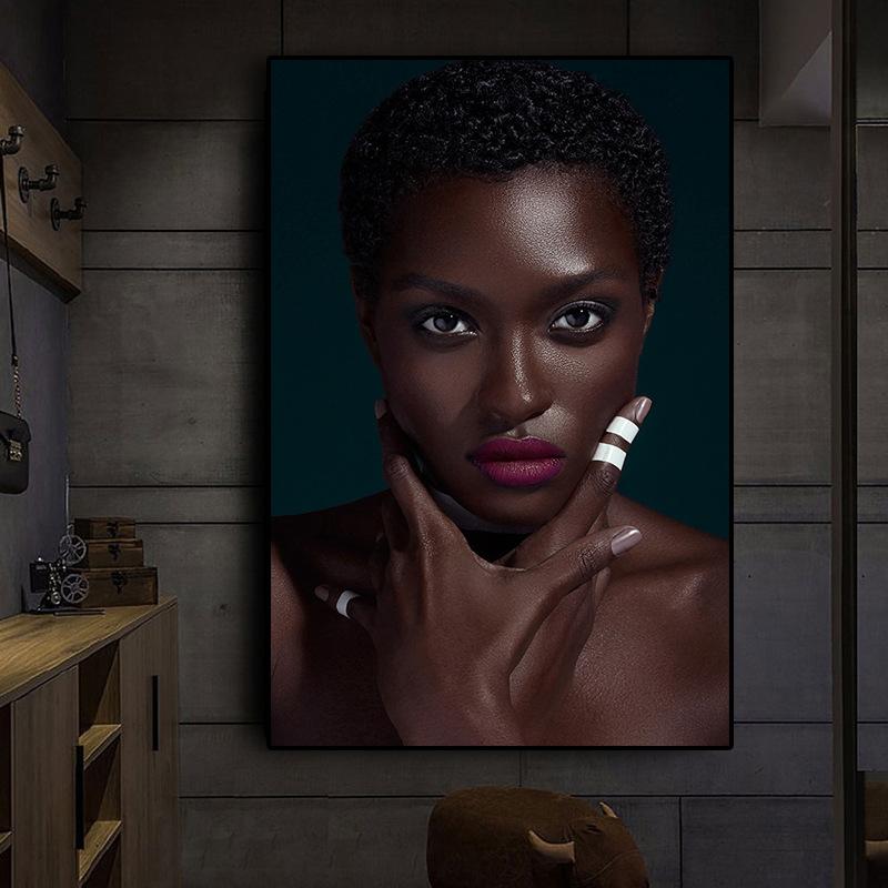 Черная африканская обнаженная женщина с красной помадой, картина маслом на холсте, постеры и принты, настенная картина Cuadros для декора гостиной