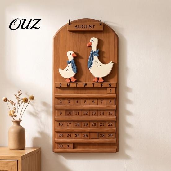 Reusable Date Tracker Wooden Vintage Goose Couple Perpetual Calendar, Month Blocks Rustic Wall Decor Hanging Farmhouse for Home Office Art Decoration