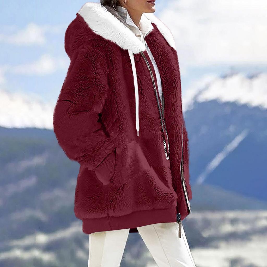 Женская повседневная однотонная свободная плюшевая куртка на молнии с капюшоном и карманами