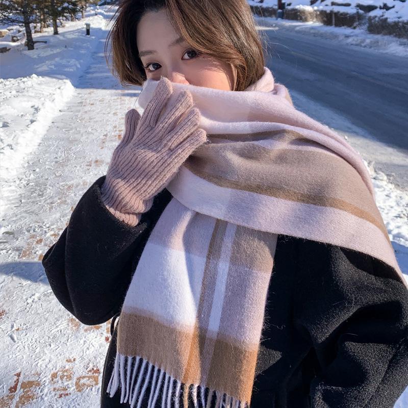 Pink Pure Wool Scarf Women's Winter New Atmosphere Plaid Cashmere Scarf for Girlfriend's Birthday Gift