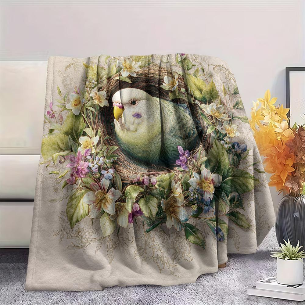 Flower Budgerigar Print Flannel Blanket, High quality Comfortable for All Seasons, Home Decor, Warmth and Comfort