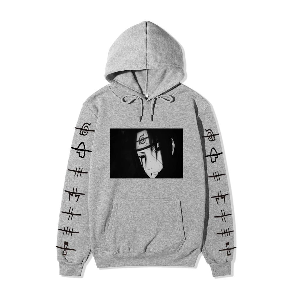 Anime Naruto Itachi Uchiha Hoodie Double Sleeve Symbol Print Character Front Print Pullover Sweatshirt Men Women Streetwear