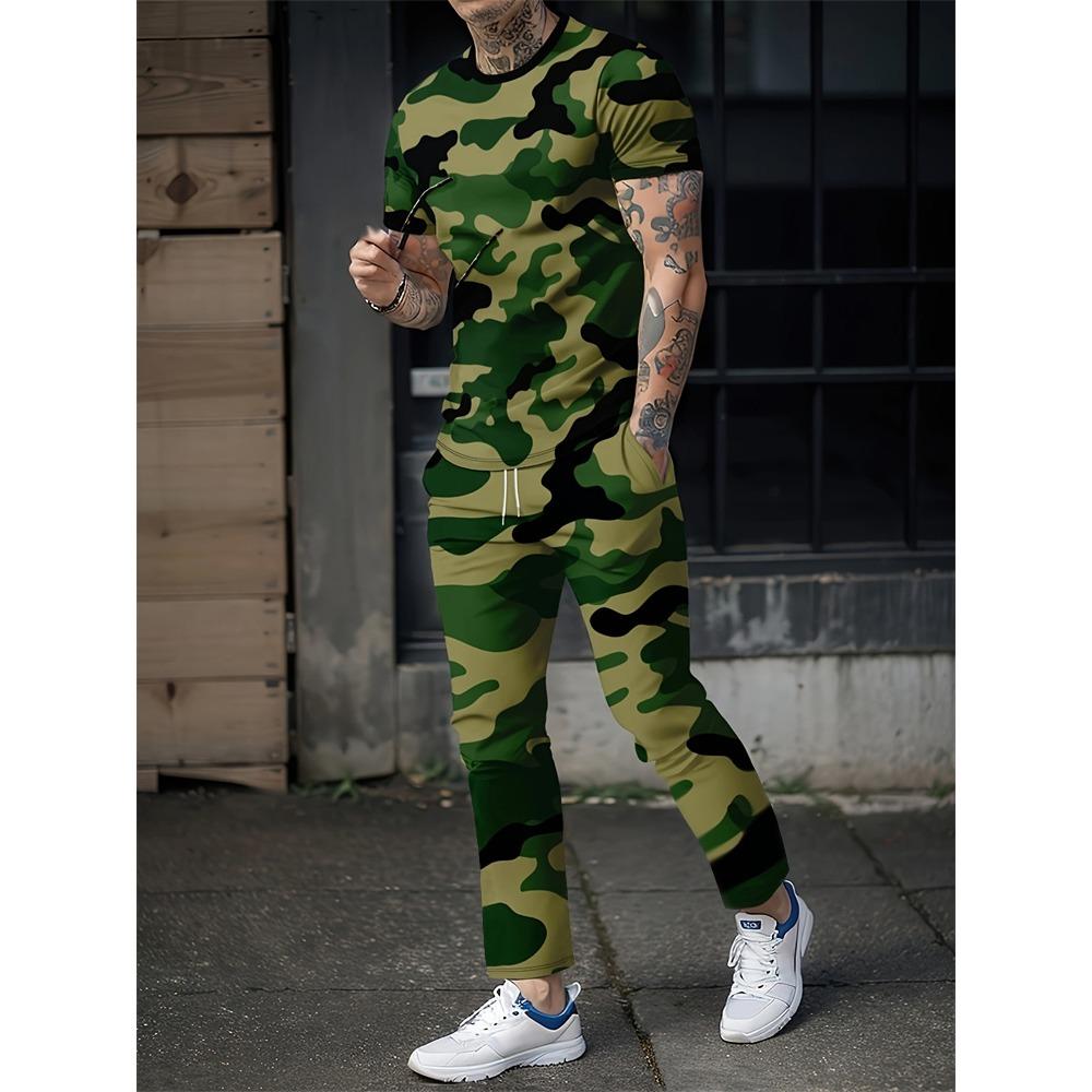 Summer New Men's T-shirt Pants Suit Camouflage Printing Short-sleeved Round Neck T-shirt Casual Outdoor Wear Comfortable