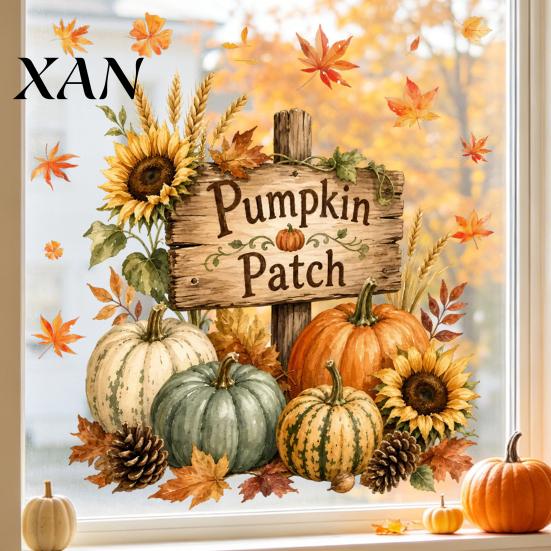 Easy Install Window Decals Autumn Maple Leaf Pinecone Scarecrow Pumpkin Static Clings, Waterproof PVC Decorative Glass Film for Home Stickers,