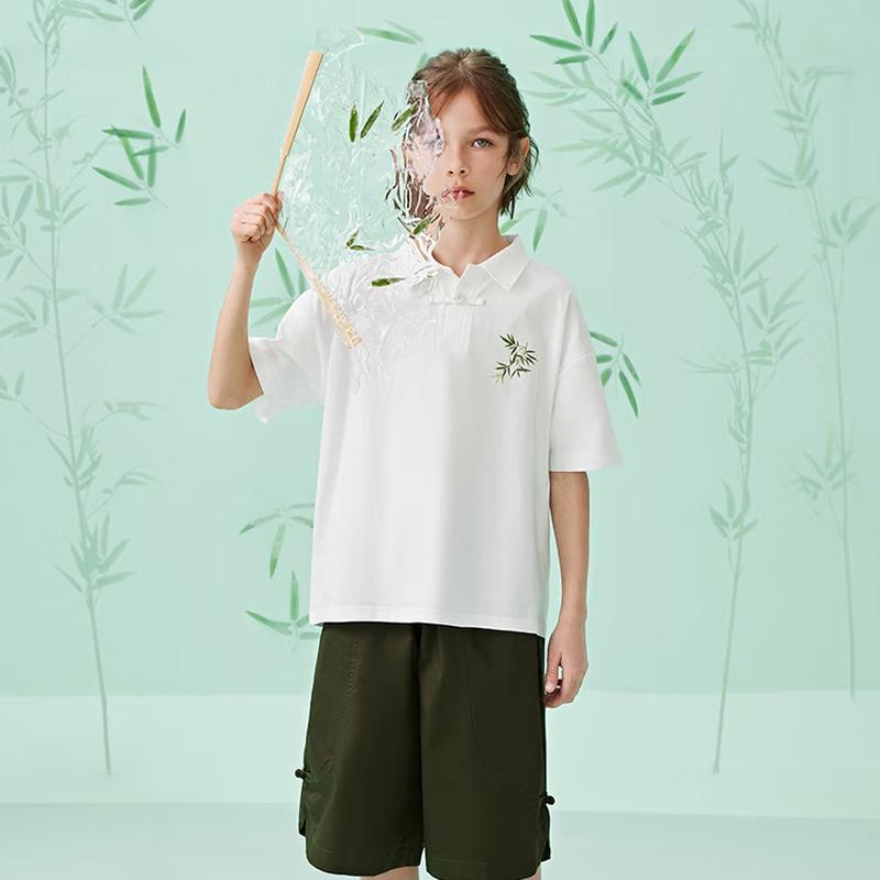 Zhimi Boys' 5A Antibacterial Pure Cotton Polo T-Shirt New Chinese Style Bamboo Print