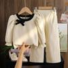 Girls' Casual Set for Autumn Children Sweet and Fashionable Bow Long-sleeved Top, Casual Long Pants