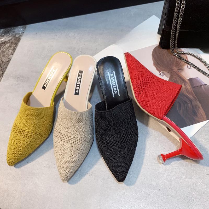 Сетчатые красные полутапочки Lazy Baotou, женская летняя модная верхняя одежда, пикантная женская обувь на тонком каблуке с острым носком на высоком каблуке