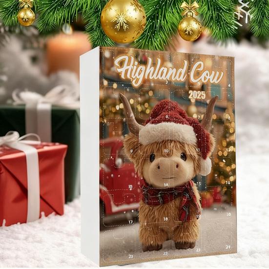 Адвент-календарь с шотландской коровой 2025 24 дня Календарь обратного отсчета до Рождества с украшениями в виде шотландской коровы для рождественской елки, домашнего декора