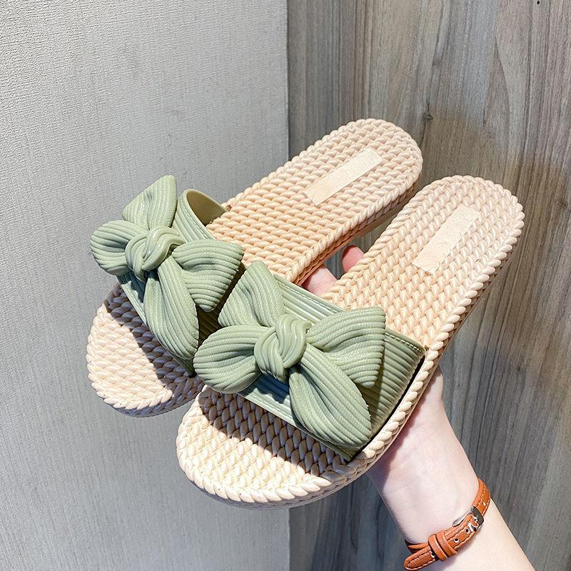 Тапочки на плоской подошве с галстуком-бабочкой, милые женские нескользящие сандалии, легкие, простые и повседневные летние сандалии