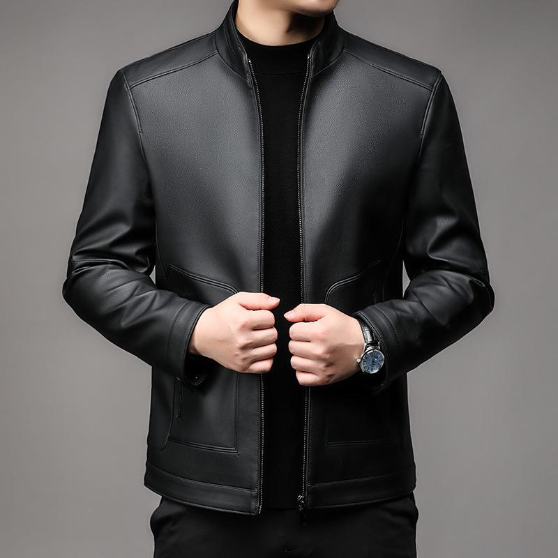 Тонкая куртка из натуральной кожи для весны и осени, мужская куртка из овчины с воротником-стойкой для мужчин среднего возраста, кожаная куртка для мотоциклистов