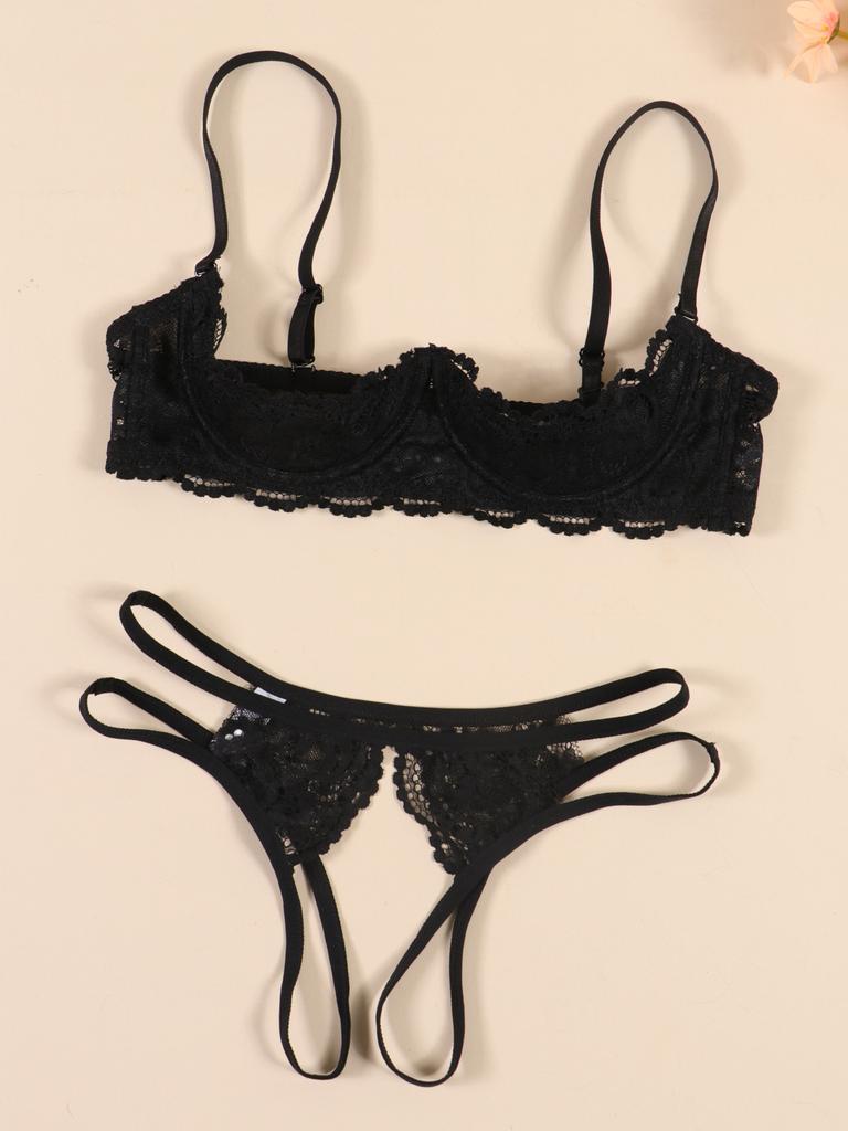 Lace Crotchless Bra G-string Set 2pcs Erotic Cutout Bra Open Cup Bra Hollow Out Underwears Women Lingerie