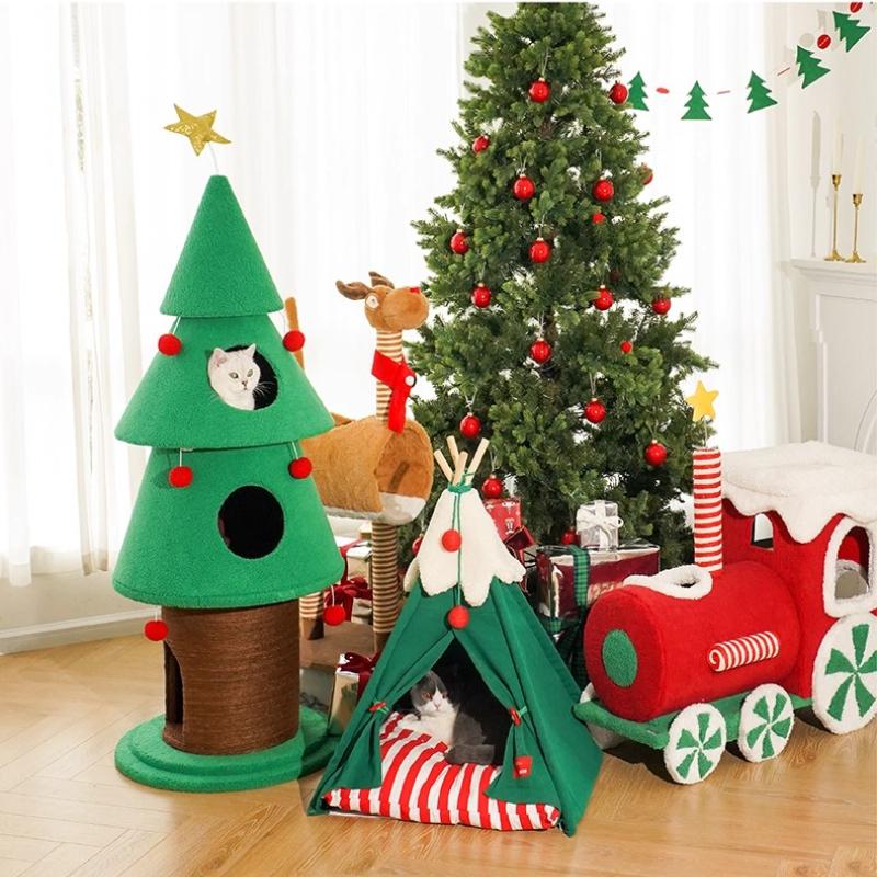 Christmas Fluffy Pet Tent Semi-Enclosed Cat House for Winter Warmth Detachable Washable Kitty Bed Plush Sleeping Pad for Cats