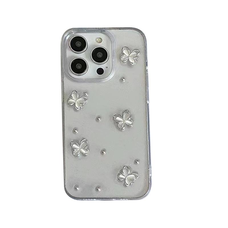 Серебристый перламутровый чехол для телефона с бабочкой в стиле Ins для iPhone 16 Promax Прозрачный с блестками для Apple 15 Креативный 17 Pro