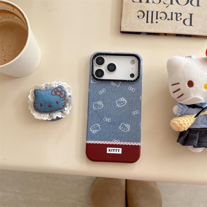 Корейский джинсовый кружевной магнитный чехол с кошечкой для iPhone 17/16 Pro Max/15/14