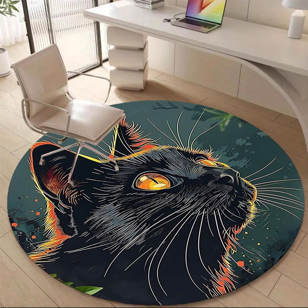1pc Black Cat Office Round Area Rug, Indoor Mat Suitable ForOffice, Under Office Chairs Bedroom Living Room Home Decor, Room Deco D003