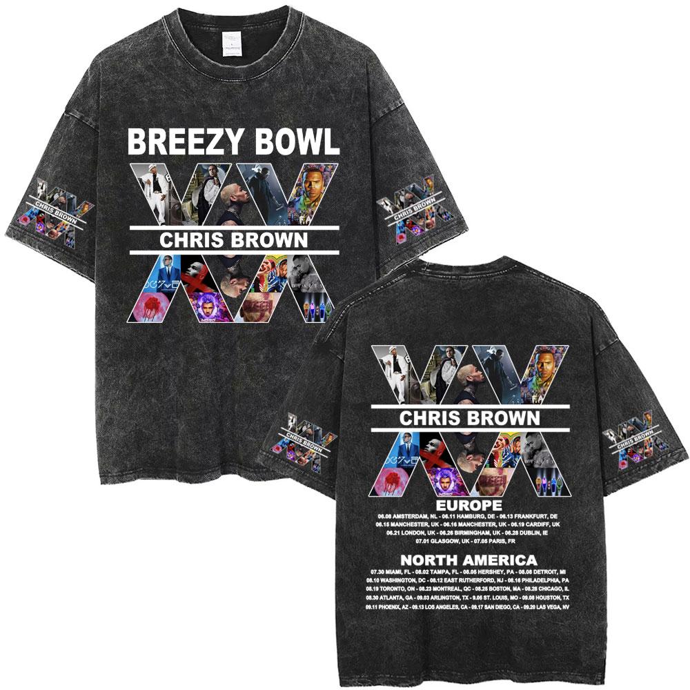 Рэпер Крис Браун Breezy Bowl XX Тур Винтажные стираные футболки Мужские Женские Хип-Хоп Модные Футболки Мужская Хлопок Ретро Футболка