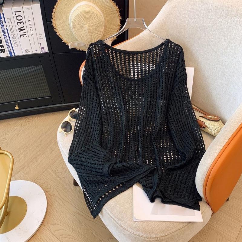 Женский летний кардиган ажурной вязки - Свободный, Приталенный, Защита от солнца, Круглый вырез, Длинный рукав, Универсальный топ.